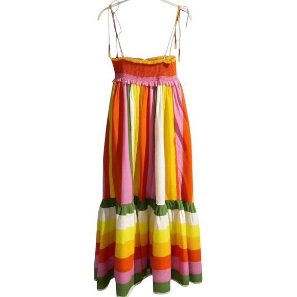 Farm Rio Rainbow Stripe Smocked Tie Strap Tiered Midi Dress Size S Designer - Picture 9 of 16